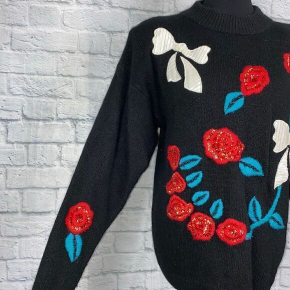 J.P. Val vintage 1980’s Longsleeve sequin accented flowers & bows sweater sz LG - Picture 4 of 11
